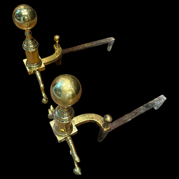 Antique Brass Andiron Pair w/ Ball Finials GA20123