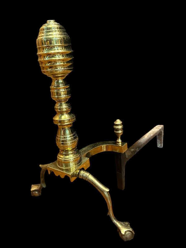 Brass Beehive Andiron Pair w/ Chippendale Claw Feet GA20124