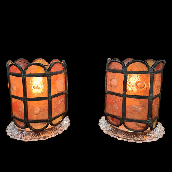 Pair of Roundelle Painted Glass Shades w/ Hand Forged Leading GA20145