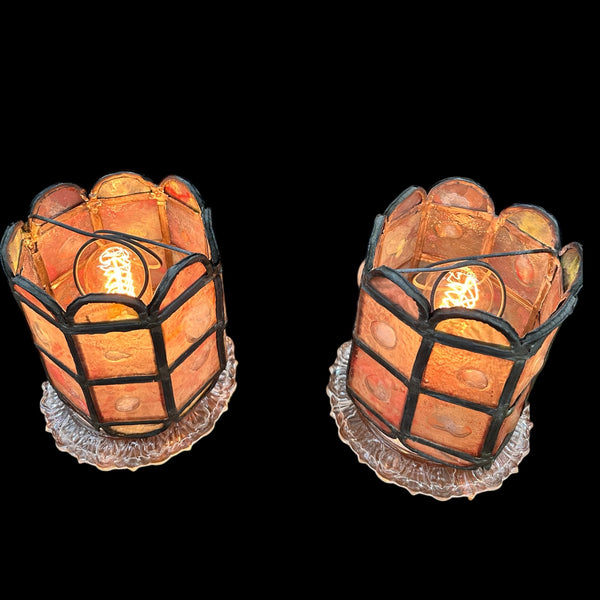 Pair of Roundelle Painted Glass Shades w/ Hand Forged Leading GA20145