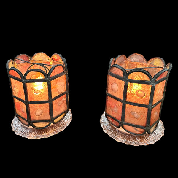 Pair of Roundelle Painted Glass Shades w/ Hand Forged Leading GA20145