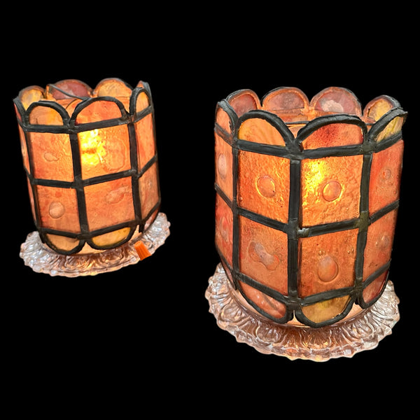 Pair of Roundelle Painted Glass Shades w/ Hand Forged Leading GA20145