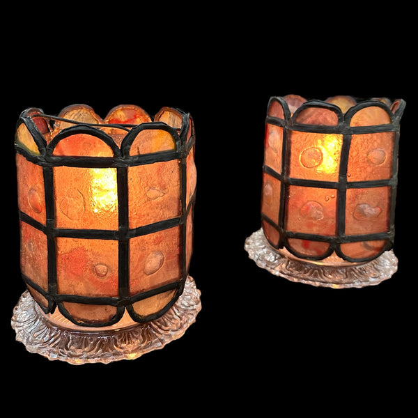 Pair of Roundelle Painted Glass Shades w/ Hand Forged Leading GA20145