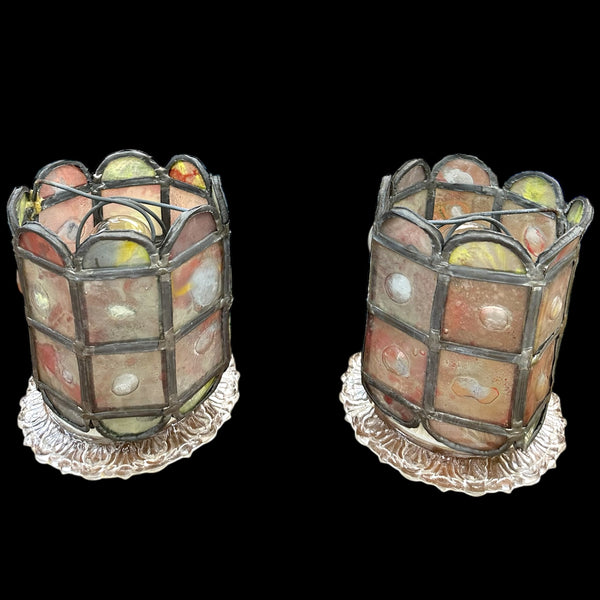 Pair of Roundelle Painted Glass Shades w/ Hand Forged Leading GA20145