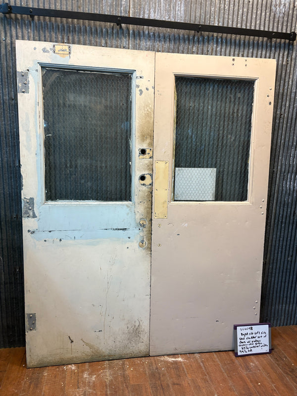 Pair of Steel Cladded Doors w/ Vintage Chicken Wire Glass GS6098