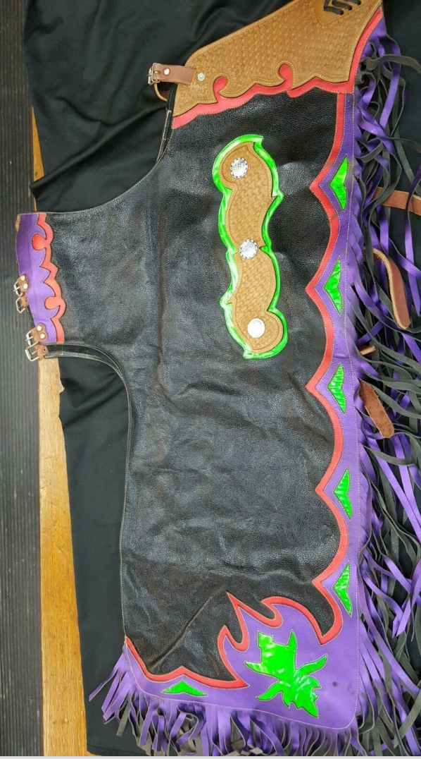 NIRA Champion Rodeo Star Jerry Beagley Large Multicolored Leather Rodeo Chaps