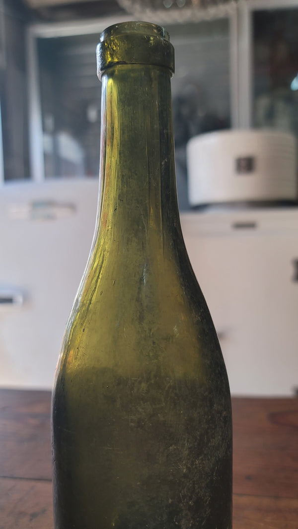 1840's Hand Blown Green Champagne Wine Bottle 10" x 2 3/4" GS00634