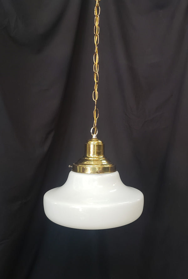 Restored Brass Pendant Light w/ Round White Shade GS01025