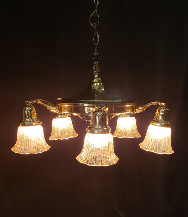 Restored 5 Light Brass Pan Chandelier 20" x 10" w/ Chain & Ceiling Cap GS00973