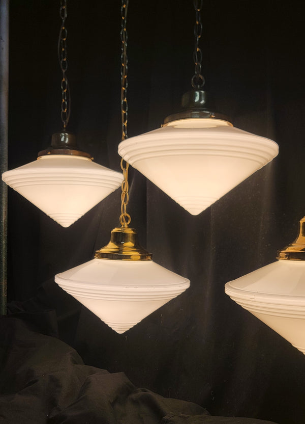 Set of 4 Restored Art Deco Brass Pendant Lights w/ Pointed Bullseye Shades GS01032