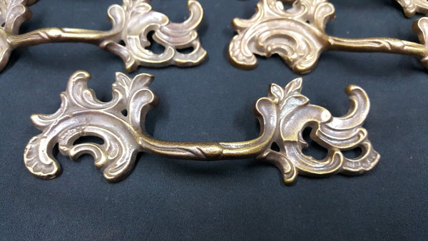 Architectural Salvage Brass Leaf Design Wide Drawer Pull Handles Set of 5