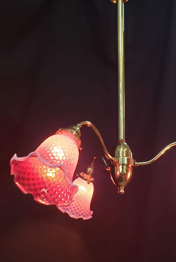 1900's Victorian 3 Light Chandelier w/ Fenton Coin Dot Shades 26"x 47" GS00977