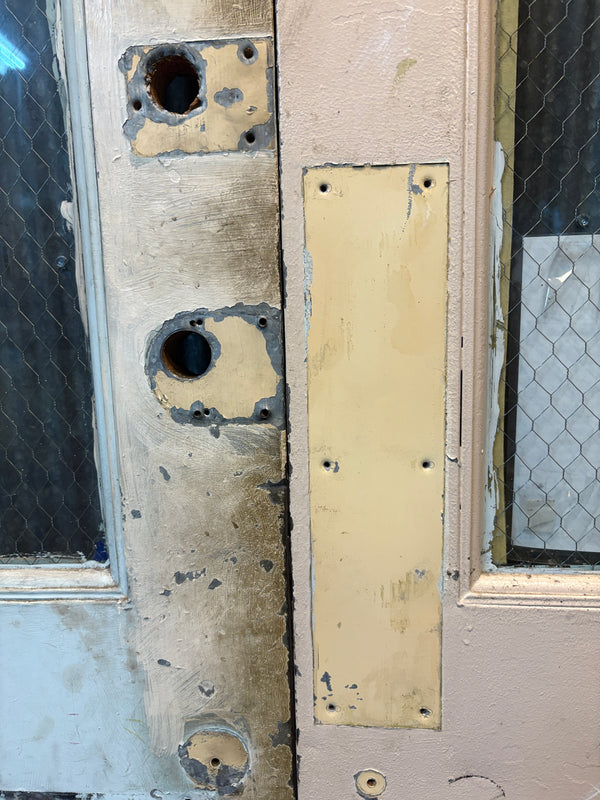 Pair of Steel Cladded Doors w/ Vintage Chicken Wire Glass GS6098