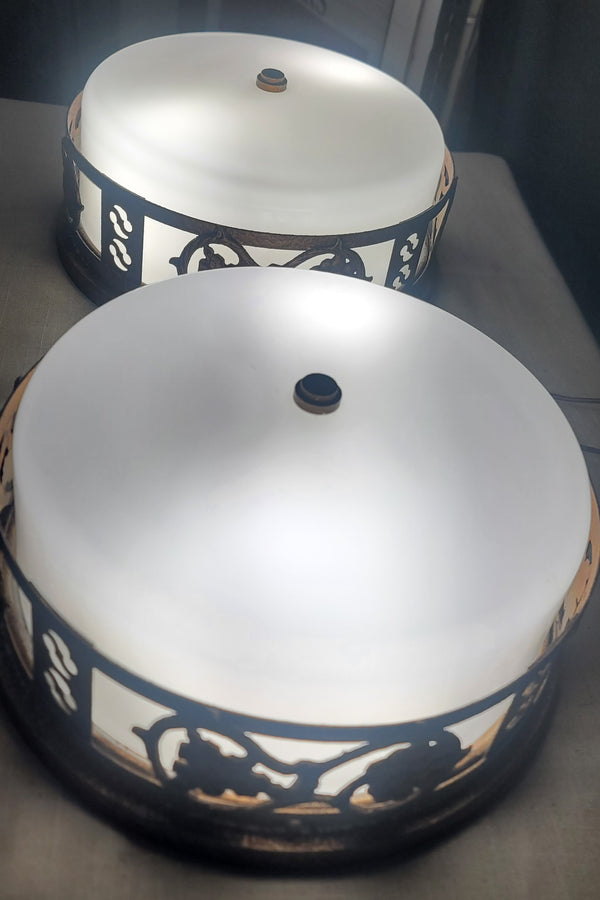 Pair of Flush Mount Ceiling Lights w/ Milk White Shades 13" x 6 1/2" GS010954