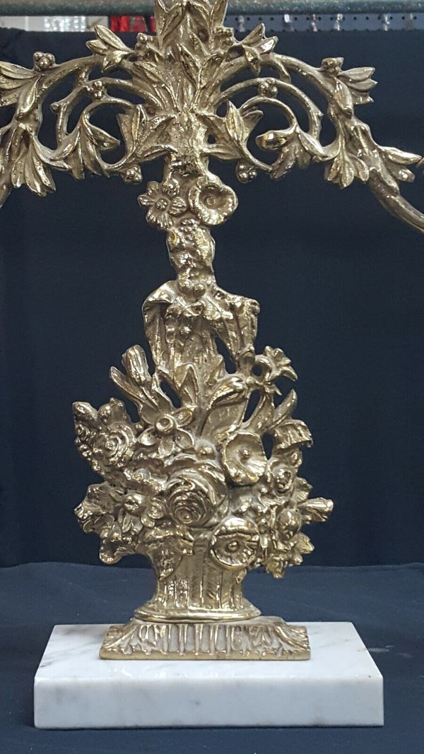 Antique Ornate Solid Brass Candelabra with Floral Bouquet Design on Marble Base