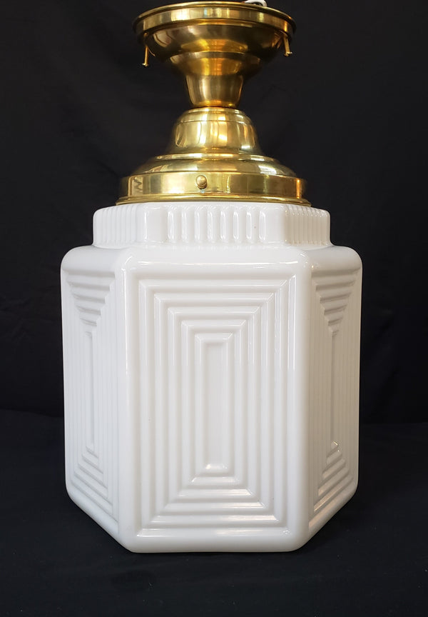 Restored Brass Art Deco Flush Mount Light w/ White Geometric Shade GA40711