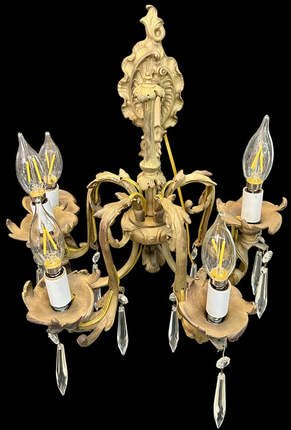 Restored Antique Solid Brass 5-Light Wall Sconce w/ Crystal Pendants GA20707