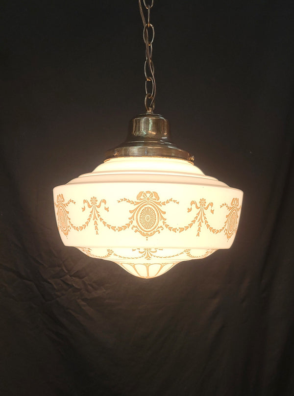 Vintage White Schoolhouse Pendant Light w/Brass Bell Shaped Fitter GS00645
