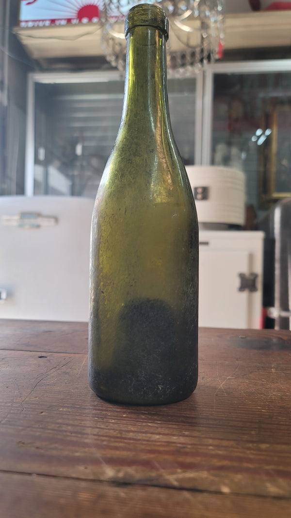 1840's Hand Blown Green Champagne Wine Bottle 10" x 2 3/4" GS00634