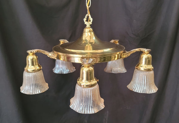 Restored 5 Light Brass Pan Chandelier 20" x 10" w/ Chain & Ceiling Cap GS00973