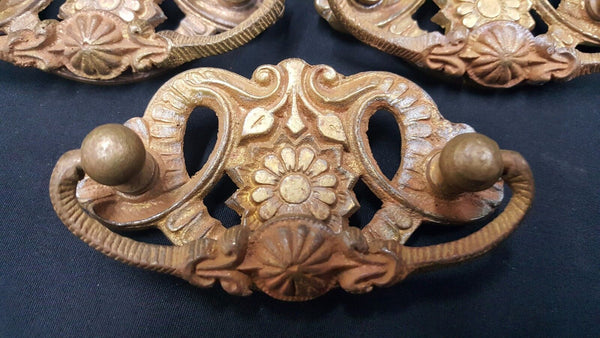 Architectural Salvage Brass Daisy & Tulip Design Drawer Pull Handles Set of 3