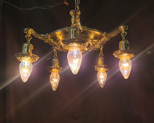 Restored 5 Light Brass Pan Chandelier w/ On/off Knobs 18" x 12" GS00969