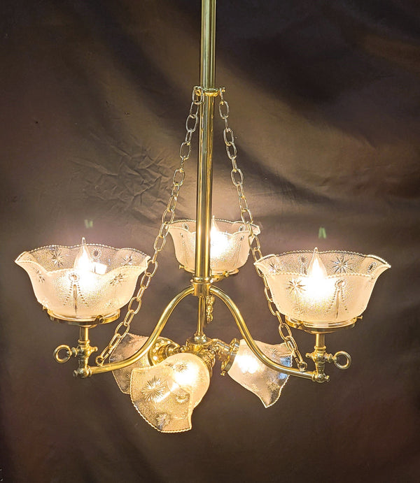 Restored Gas Converted 6 Light Brass Chandelier w/ Shades 31" T x 21" GS00948