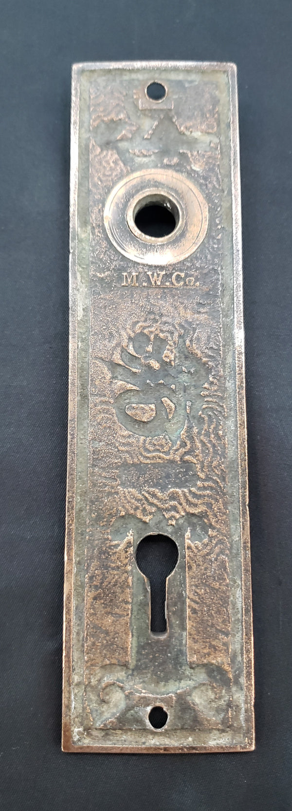 Restored 1800's Mallory Wheeler Brass Door Backplate 6 5/8" x 11/16" GS010923