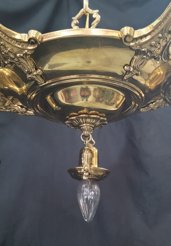Restored 5 Light Brass Pan Chandelier w/ On/off Knobs 18" x 12" GS00969