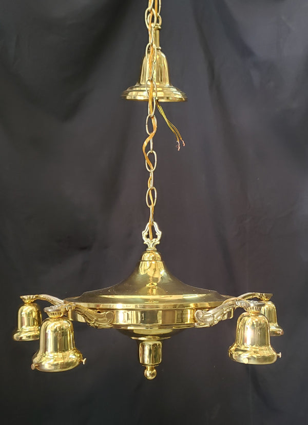 Restored 5 Light Brass Pan Chandelier 20" x 10" w/ Chain & Ceiling Cap GS00973