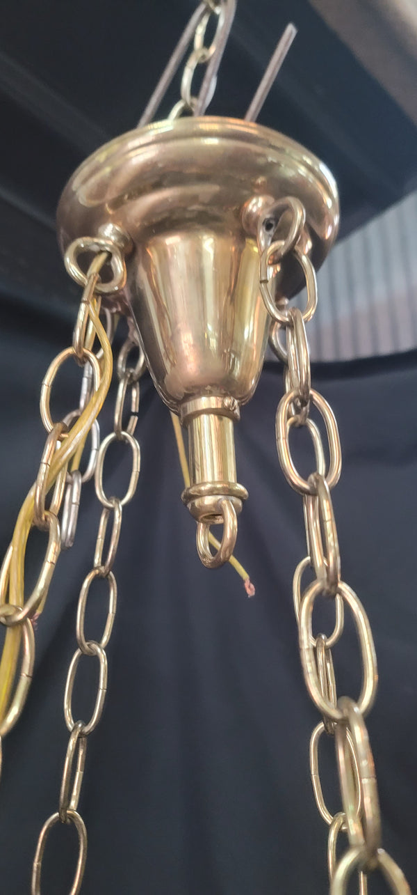 Restored Victorian Brass Pan Chandelier w/ Etched Glass Shade 16" x 45" GS00981