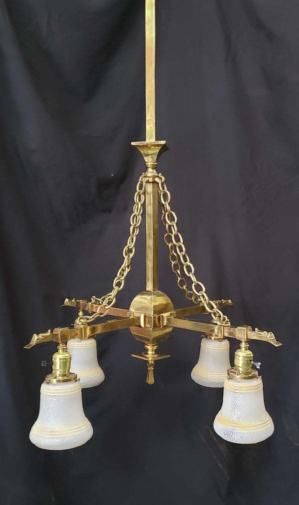 1900's 4 Light Brass Chandelier w/ Brass Chain Accents & Shades 24"x 44" GS00976