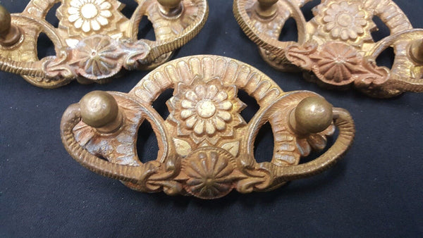 Architectural Salvage Brass Daisy & Tulip Design Drawer Pull Handles Set of 3