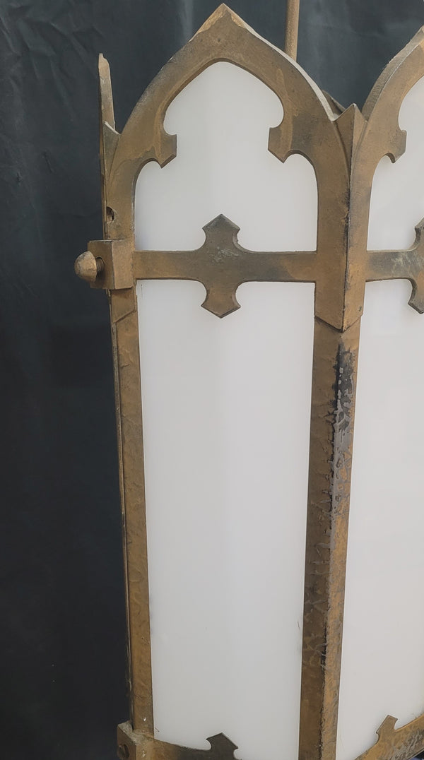 Gothic Brass Pendant Light w/ White Opaque Glass Panels 34" x 12" GS00953