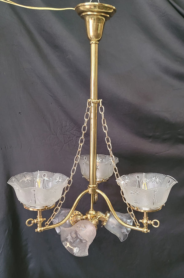 Restored Gas Converted 6 Light Brass Chandelier w/ Shades 31" T x 21" GS00948