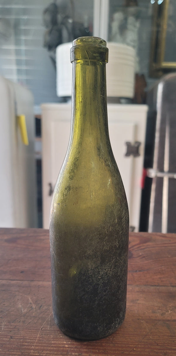 1840's Hand Blown Green Champagne Wine Bottle 10" x 2 3/4" GS00634
