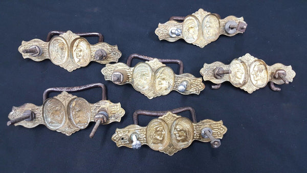 Architectural Salvage Brass Double Indian Head Design Drawer Pulls Set of 6