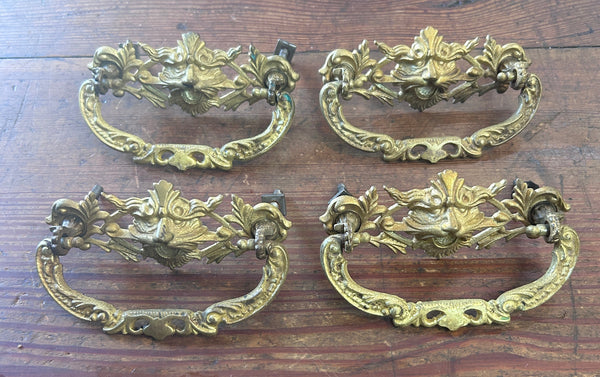 4 Antique Ornate Brass 3" Green Man Drawer Pulls GS010967