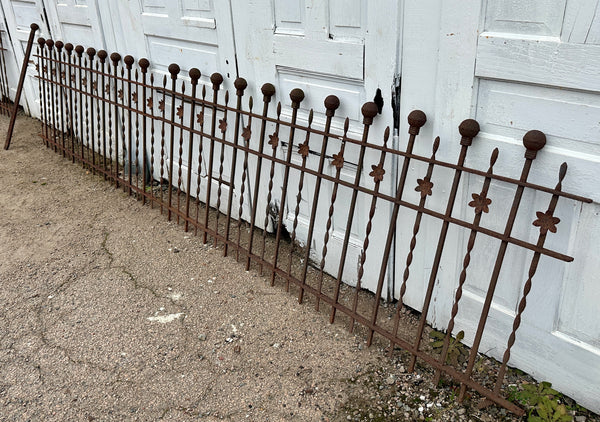 Antique Wrought Iron Fencing w/ Ball Top Finials & Floral Medallions GA20480