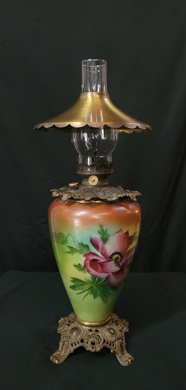 Vintage Ornate Floral Oil Lamp w/ Brass Canopy & Chimney GS00620