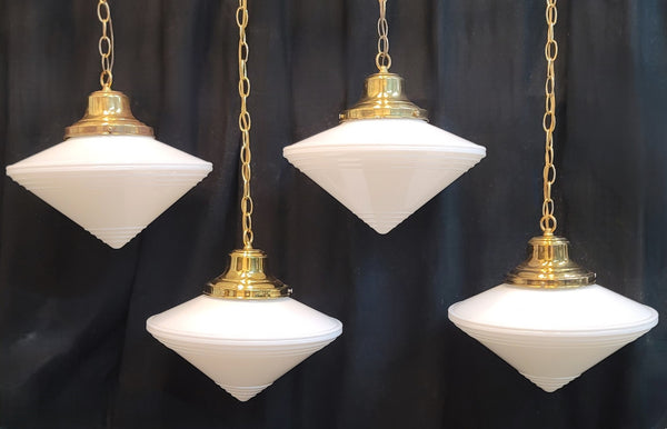 Set of 4 Restored Art Deco Brass Pendant Lights w/ Pointed Bullseye Shades GS01032
