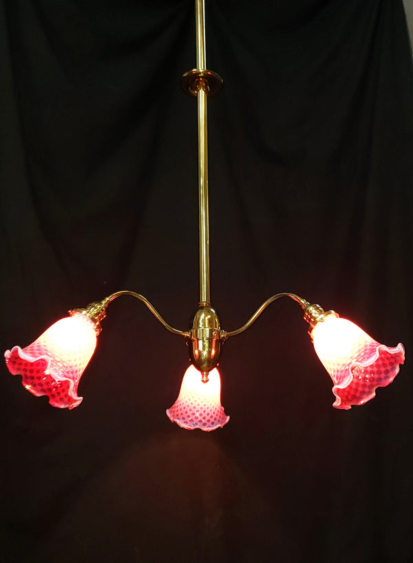 1900's Victorian 3 Light Chandelier w/ Fenton Coin Dot Shades 26"x 47" GS00977