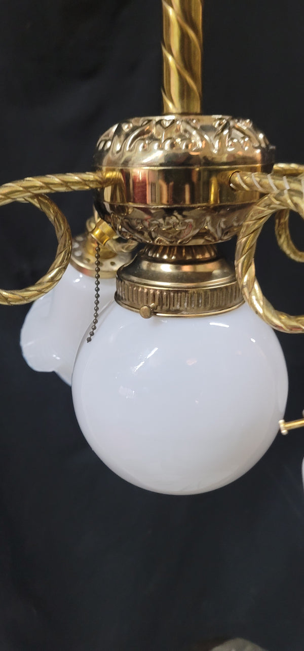 5 Light Ornate Brass Chandelier w/ White Striped Shades 25" x 36" GS00983
