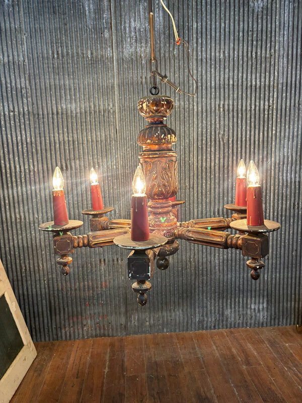 1800s Early Wooden Chandelier with Original Paint GA21168