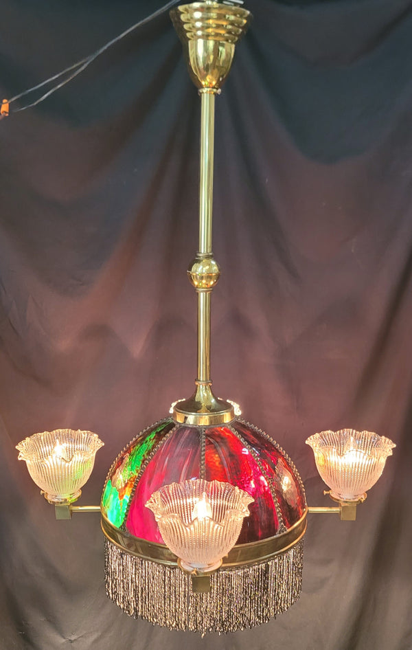 Restored Victorian 6 Light Chandelier w/ Slag Glass & Shades 26" x 35" GS01071