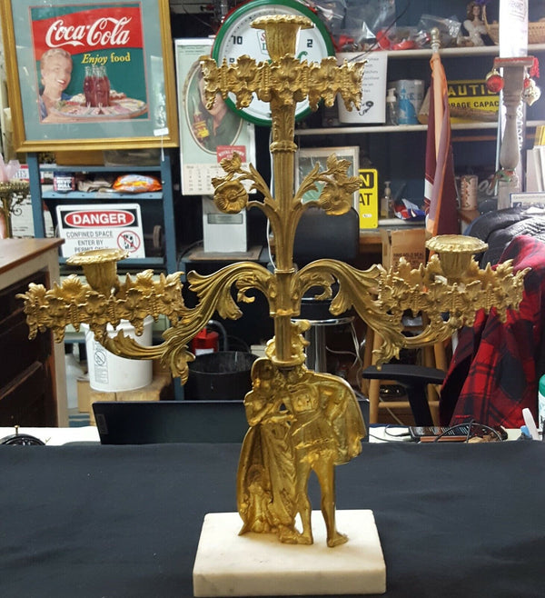 Antique Ornate Solid Brass Candelabra with Renaissance Design on Marble Base