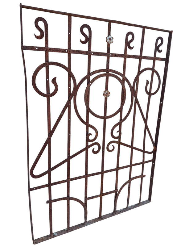 Geometric Wrought Iron Fence Panel with Flower Accents 55" T x 39" W GS00048