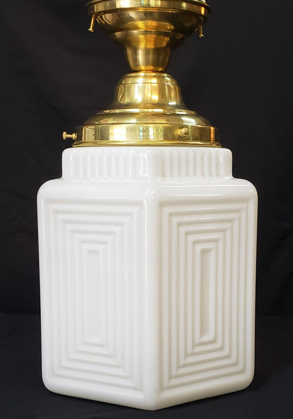 Restored Brass Art Deco Flush Mount Light w/ White Geometric Shade GA40711