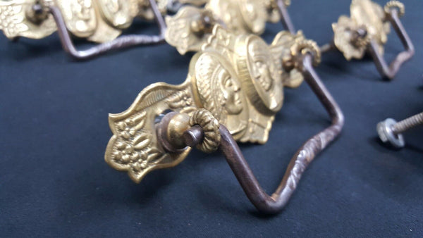 Architectural Salvage Brass Double Indian Head Design Drawer Pulls Set of 6