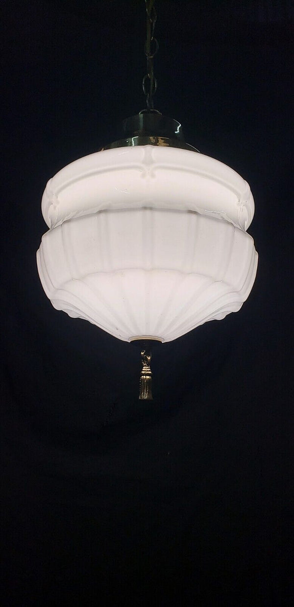 Restored Art Deco White Opaque Pendant Light Fixture with Brass Trim GA4347